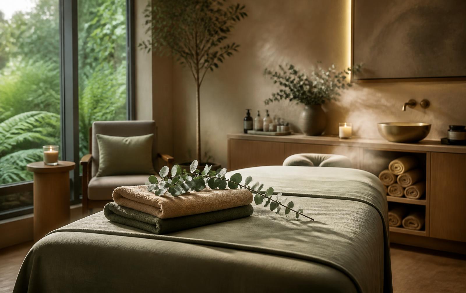 Premium spa treatment room with sage linens, warm towels and eucalyptus